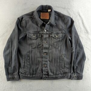 Levis Trucker Denim Jacket Mens Medium Black Distressed Faded Button Up Coat